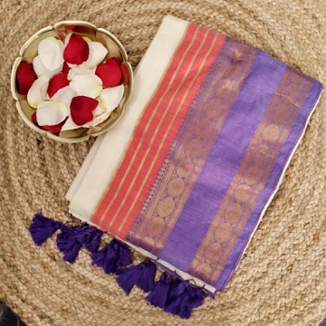 Ivory cotton-silk saree with coral stripes and a violet kaasu pallu